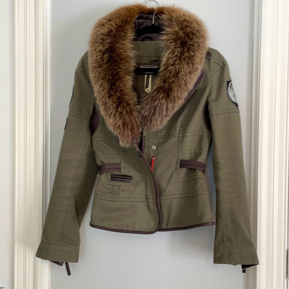 Stunning R & R genuine Fox fur collar, canvas & leather moto inspired blazer